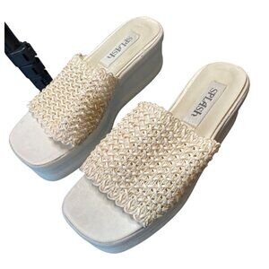 Splash White Slip On Woven Mesh Chunky Platform Heels Shoes Sz 5